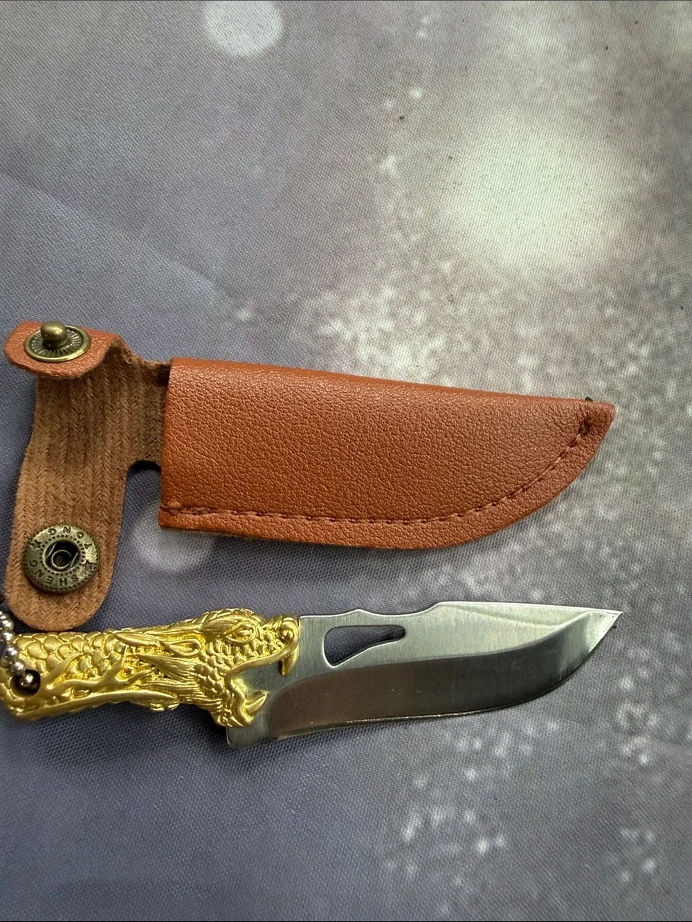 Men's handmade Brown Leather Sheath Knife with Gold plated dragon Handle